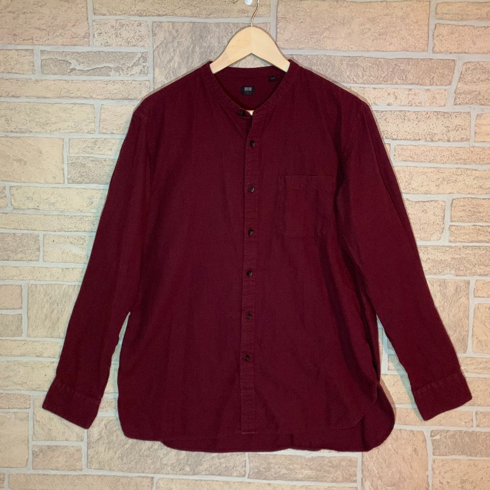 UNIQLO Mens Long Sleeve Band Collar Shirt Maroon L